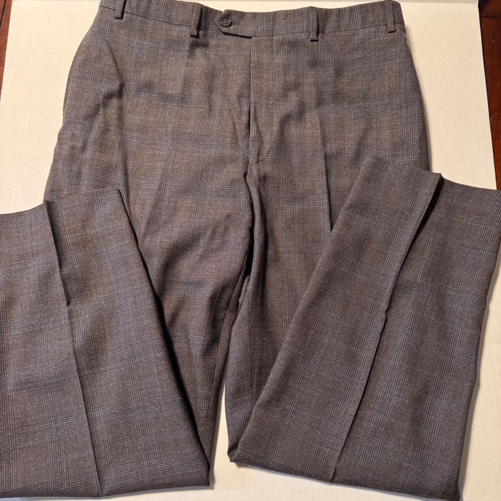 36x30 Circola Moda Mens Plaid Dress‎ Pants Charcoal Gray Flat Front Tailored Fit